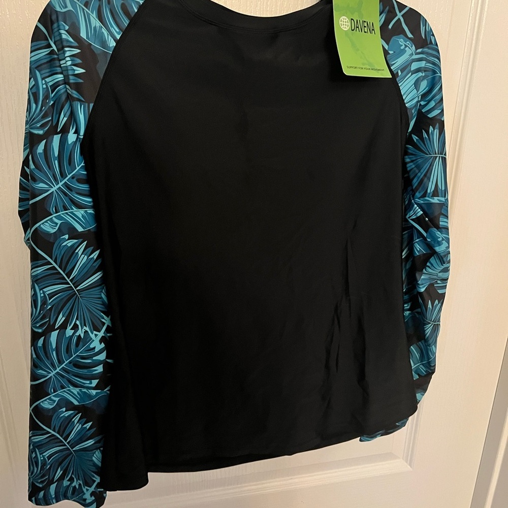 Davena Black and Blue Women's Long Sleeve Swim Tee and short set